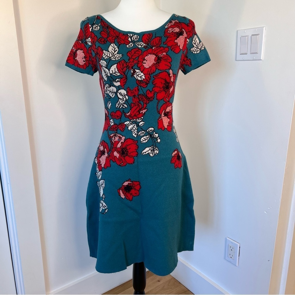 Maeve Anthropologie Floral Knit Dress Fit Flare Short Sleeve Turquoise Size XS